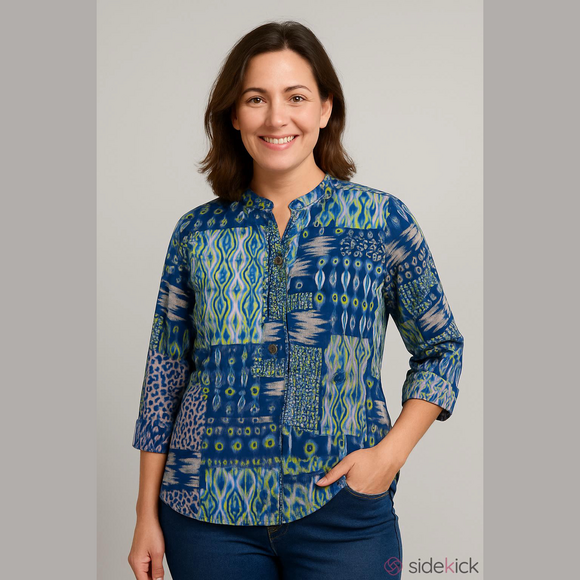 LEMON GRASS WOMAN Tops - LEMON GRASS WOMAN 2X Blue and Green Button Down Blouse Preworn Great Condition